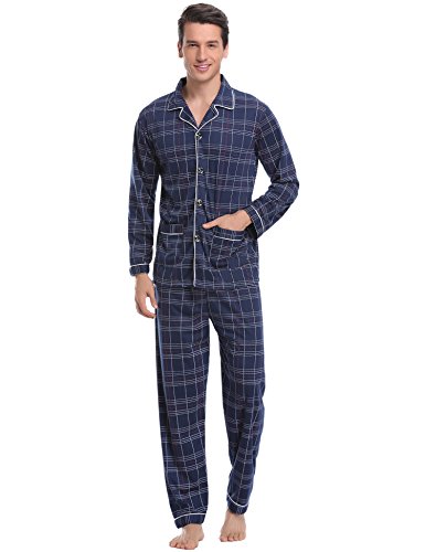 Aibrou Pijamas Hombre Invierno Algodón 2 Piezas Calentito Pijamas Hombre Otoño Algodón,Suave,Cómodo y Agradable (L, Azul#8)