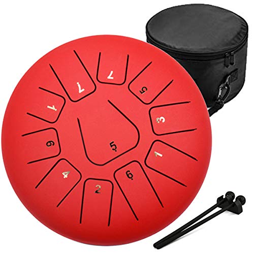Amkoskr 10 Pulgadas 25cm Tambor de Lengua de Acero con 11 Notas Tonos C Percusión Instrumento Tambor de Mano con Mazos de Tambor/Bolsa de Transporte(Rojo)