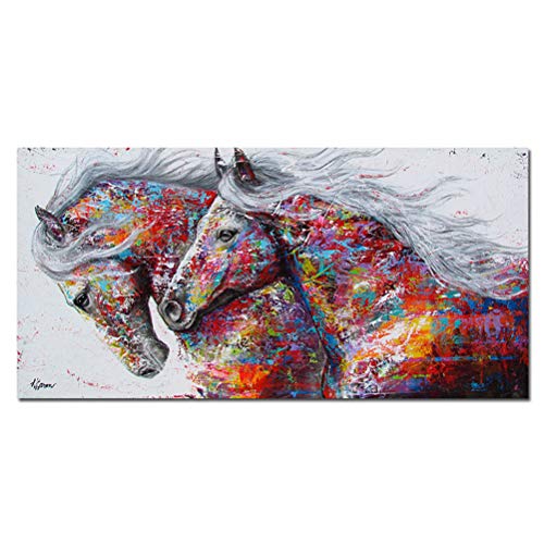 Arte De Pared Sin Marco Animal, Color Vivo Dos Caballos Corriendo Fotos Pinturas Al Óleo Sobre Lienzo, Decor Moderna De Los Carteles Del Caballo De Los Animales Salvajes,70×140cm