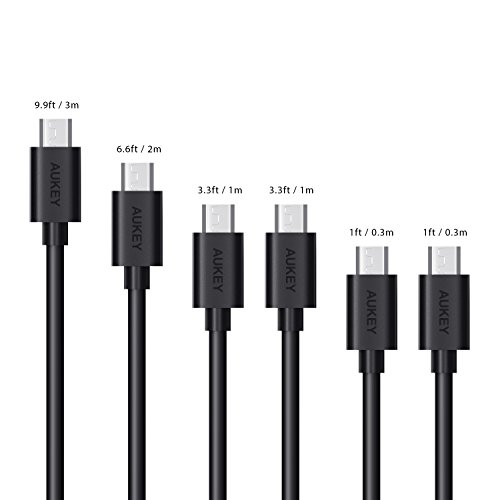AUKEY Cable Micro USB (6 Pack: 3m x 1, 2m x 1, 1m x 2, 0.3m x 2) Cable USB de Datos Cable de Carga Rápida para Android Smartphone Samsung Galaxy S7 / S7 Edge / S6, Huawei, Sony, HTC etc. - Negro