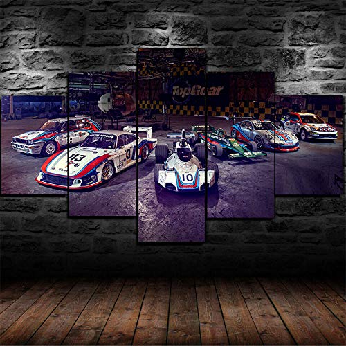AWER Cuadros colgantes de lienzo de 5 piezas Póster Martini Racing Race Cars Cuadros Decoracion Salon Modernos HD Impresión Foto Innovador Regalo Enmarcado