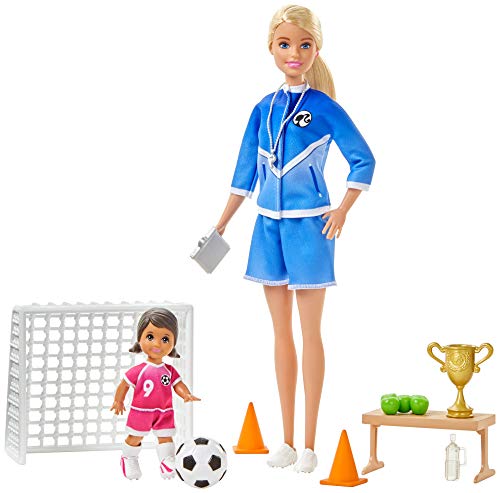 Barbie Quiero Ser Entrenadora de Fútbol con niña morena, muñeca con accesorios (Mattel GLM47)