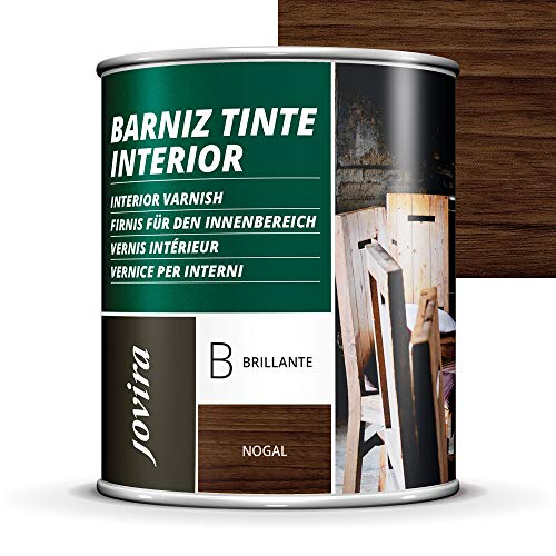 BARNIZ TINTE INTERIOR BRILLANTE, (6 COLORES), Barniz madera, Protege la madera, Decora y embellece la madera. (750ML, NOGAL)