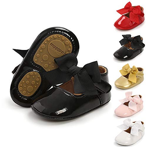 BiBeGoi Mary Jane - Zapatos de ballet para recién nacidos con moño y suela antideslizante suave para niñas, color Negro, talla 0-6 meses