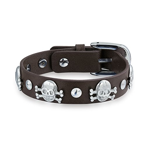 Bling Jewelry Calaveras Huesos Cruzados con Clavos Cuero Marrón Genuino Acero Pulsera Puño Hombre Y Mujer Ciclistas Hebilla Cinturon