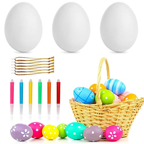 Bluelves 50X Huevos de Pascua, Huevos Blancos Plásticos, Decoración de Pascua, Huevos de Pascua Juguetes Favores de Partido, Ideales para Huevos de Pascua Manualidades, 6 Pinceles para Pintar