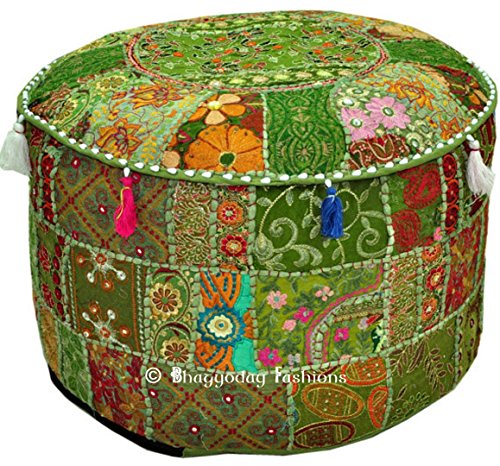 Bohemian Vintage Embroidered Pouf Ottoman Footstool Cover Indian Round Ottoman Stool Pouf Pillow, Ethnic Embroidered Pouf Cover, Indian Cotton Round Pouffe Ottoman Pouf Cover Pillow Ethnic Decor Art, 14x22 Inch. By Bhagyoday by BhagyodayFashions