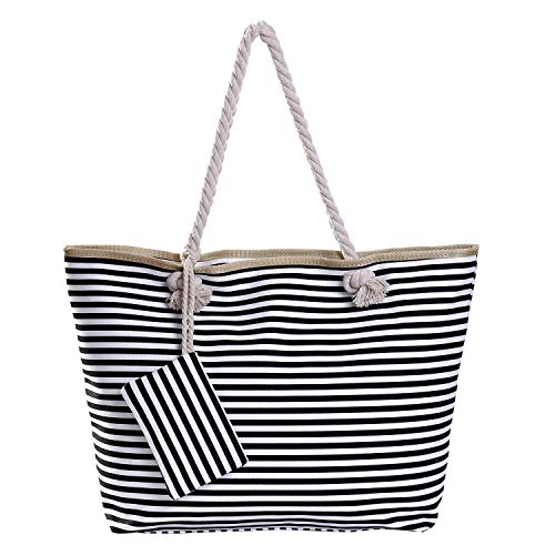 Bolso de Playa Grande con Cremallera Bolso de Hombro a Rayas Negro y Blanco Bolso de Playa Grande con Cremallera Bolso de Hombro a Rayas Negro y Blanco