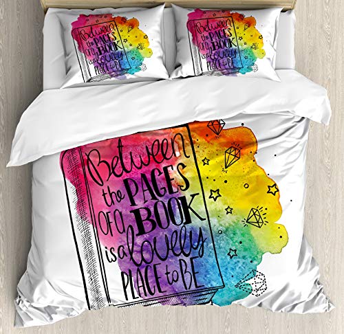 Book Super King Bedding Duvet Cover 3 Piece, Between The Pages of a Book Motivational Words Print Among Vivid Colors and Diamonds Soft Bedding Set with 1 Comforter Cover 2 Pillowcase, Magenta Blue