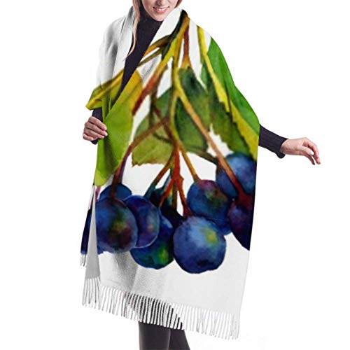 Bufanda de mantón, Bufanda de invierno unisex con sensación de cachemira clásica, rama de aronia, hojas verdes, bayas azules, negras, largas, grandes, cálidas, bufandas envueltas, estola