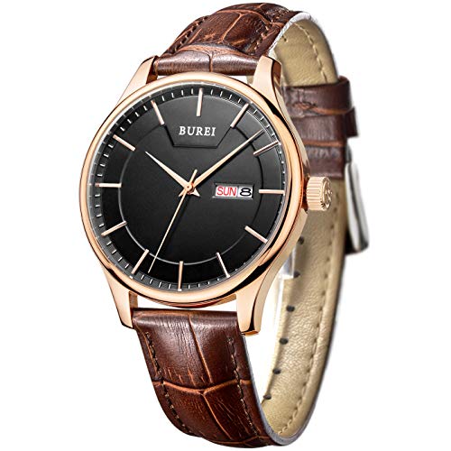 BUREI Men Watch Mens Precise Quartz Wristwatches with Day and Date Calendar Display Leather Strap (marrón)