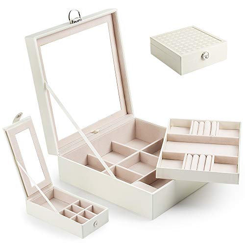 Caja Joyero con Espejo Caja para Joyas joyero Caja de Joyas Organizador de Joyas 2 Niveles, Estuche de Joyas con Cerradura, con Espejo Abatible,Caja de joyería de Viaje Mini – Relojes (Blanco-01)