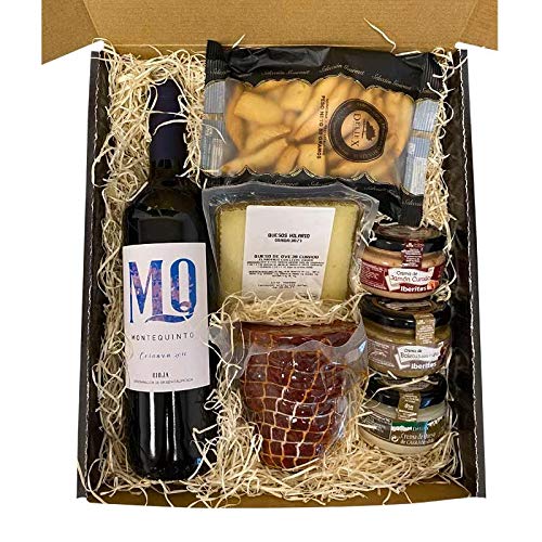 Caja Regalo Picoteo 17 - Vino Montequinto, morcón ibérico, Queso de Oveja, patés y Picos Deliex.