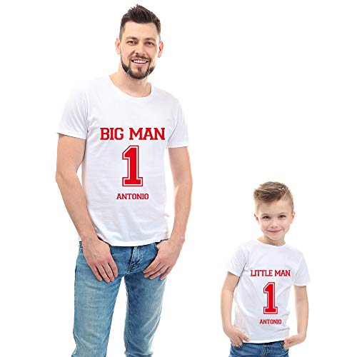 Calledelregalo Regalo Personalizable para Padres e Hijos: Pack de Dos Camisetas 'Big Man' y 'Little Man/Woman' Personalizadas con números y Nombres