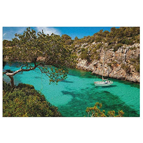 cap hat Nature Small Yacht Floating In Sea Majorca Spain Rocky Hills Forest Trees Scenic View Green Aqua Blue PVC Door Mat 40x60cm Non-Slip Stain Fade Resistant Carpet