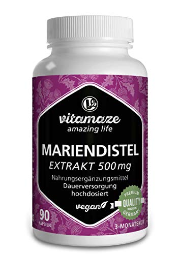 Cardo Mariano Cápsulas de Alta Dosis y Vegano, 90 Cápsulas para 3 Meses, 500 mg de Extracto con 80% de Silimarina, Suplemento Alimenticio Natural sin Aditivos, Calidad Alemana