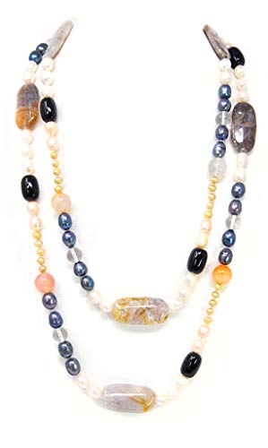 Collar de cristal de roca, ónice, jade y jaspe, piedras preciosas y perlas, 140 cm de largo