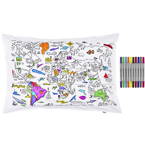 Colorea y aprende el mapa mundial con esta funda de almohada, con los rotuladores lavables incluidos
