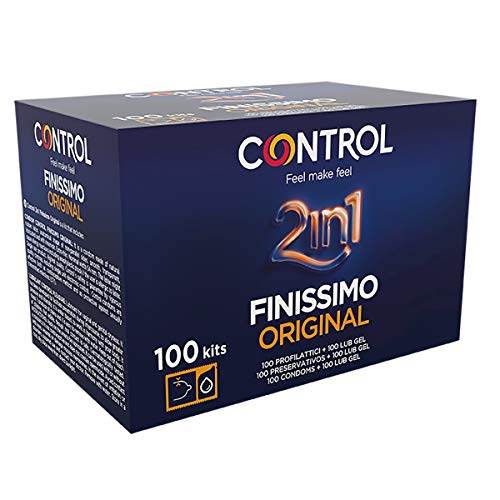 Control 2in1 Finissimo Preservativos - Caja de condones con dosis de lubricante - 100 unidades (pack extra grande)