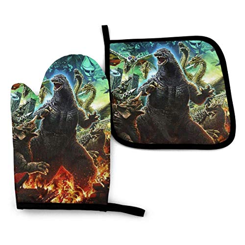 Cool Godzilla King Of The Monsters - Juego de guantes y porta ollas resistentes al calor de dinosaurio gigante, guantes de cocina antideslizantes, duraderos, resistentes, resistentes al calor, excelen