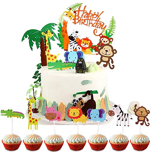 Coriver 50 Piezas Cute Zoo / Jungle Theme Animal Cake Topper, 1 Pcs Happy Birthday Banner & 49 Pcs Animal Cupcake Topper Decoraciones de Pastel para niños Cumpleaños Baby Shower Party