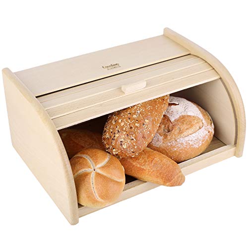 Creative Home Grande Panera Contenedor para Pan de Madera | 40 x 27,5 x 18,5 cm | Madera de Haya Natural | Color Beige | Recipiente con Tapa Enrollada para Guardar Bollos Alimentos Secos