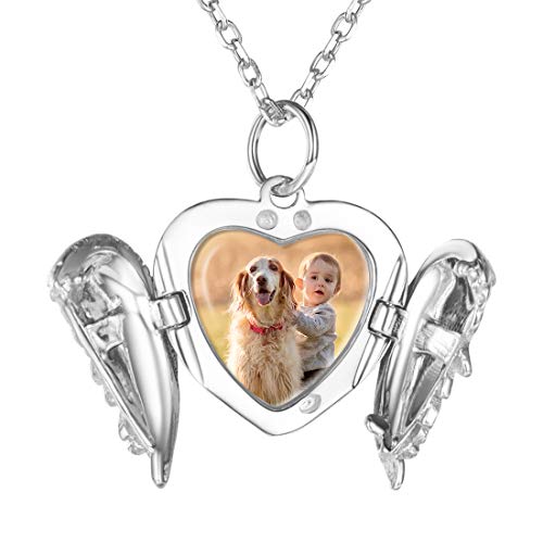 Custom4U Corazón Colgante Alitas de Volar Plata de Ley 925 Joyería Personalizable para Familia Locket Romántico con Imagen Personalizada