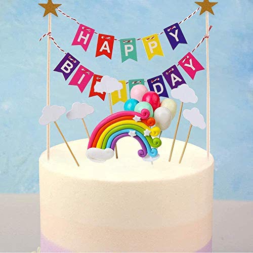 Decoracion tarta cumpleaños set,Cupcake Toppers,Decoraciones de Pasteles de Cumpleaños para Infantiles Niños Niñas con Arcoiris y Globos, Adornos para Fiestas, Bodas, Aniversarios y Baby Shower