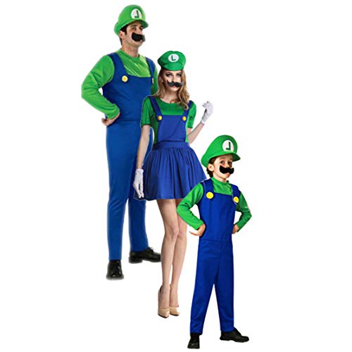 Disfraz Familiar Carnaval Trajes Super Mario Luigi para Niños Adultos Disfraces Fiesta de Carnaval de Halloween Cosplay Sombrero + Ropa + Barba 3 Piezas