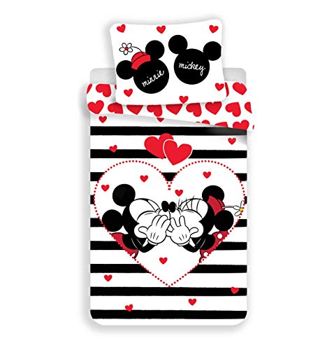 Disney Mickey & Minnie Mouse Heart & Stripes - Juego de cama (140 x 200 cm, funda de almohada 70 x 90 cm, 100% algodón), color negro y blanco