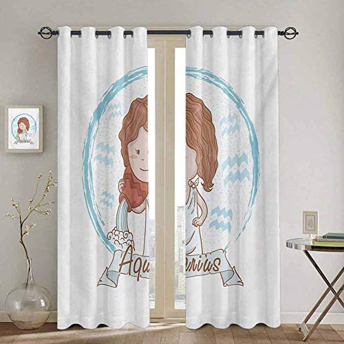 DONEECKL Zodiac Aquarius Premium Blackout Curtains Little Astrology Girl with a Bucket Birthday Horoscope Character Waterproof Fabric W42 x L63 Inch Cinnamon Pale Blue
