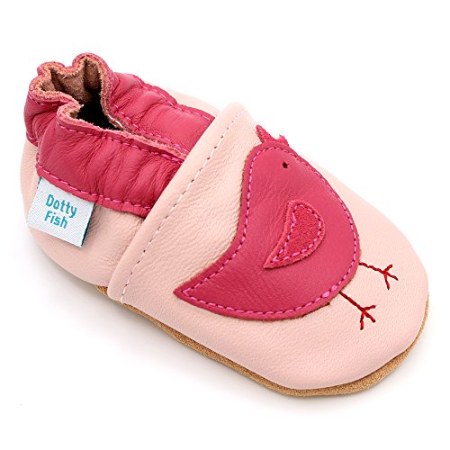 Dotty Fish Zapatos de Cuero Suave para bebés. Antideslizante. Pajaritos Rosados. 12-18 Meses (21 EU)