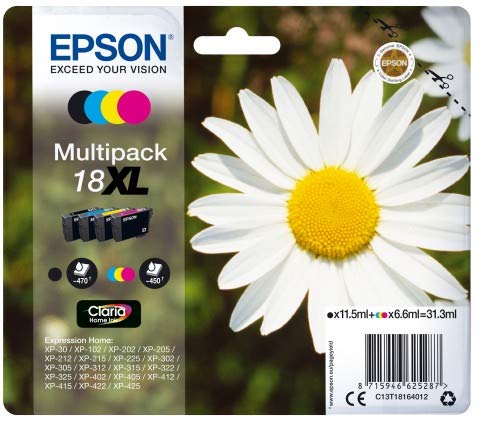 Epson 18XL - Pack de 4 cartuchos de tinta, tricolor y negro, XL válido para los modelos XP-425, XP-422, XP-415, XP-412, XP-325, XP-322, XP-215 y otros, Ya disponible en Amazon Dash Replenishment