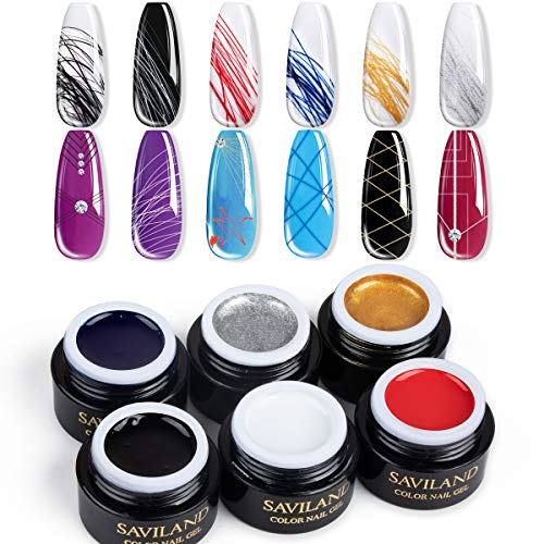 Esmalte de Uñas Gel de Araña de 6 Colores, Saviland Esmaltes Polish Semipermanentes Decoracion para Uñas Kit Primer Arte De Uñas De Diseño De Pintura (Plata Blanco Negro Rojo Azul Dorado)