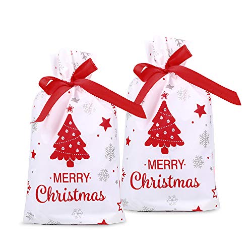 FLOFIA 50pcs Bolsas Bolsitas de Regalo Navidad Pequeñas Bolsas Plástico Navidad Con Cordón para Caramelos Dulce Chuche Galletas Regalos de Fiesta DIY Calendarios de Adviento (Árbol de Navidad)