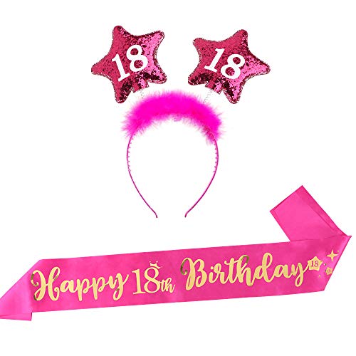 FLOFIA Feliz Diademas Cumpleaños 18th y Banda 18 Cumpleaños Rosa Oro Mujer Kit Corona Tiara Cristal Faja Cumpleaños 18 Años de Satén Satin Sash para Disfraz Fiesta de Decoración Accesorios Regalo