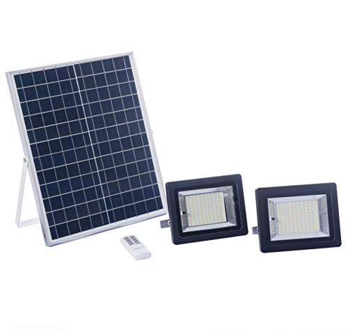 Foco Solar LED 100W, Luz Cálida 2700K, Iluminación Exterior con Panel Solar, Batería, Mando a Distancia, Autonomía 8-15 Horas (Luz Cálida 2700K, 2 Focos, 100W)