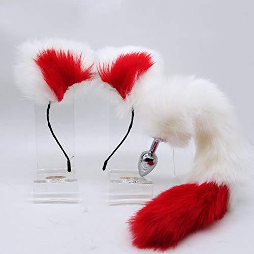 For sẹx Couples Plụg Cute Soft Cat Ears Headbands 40cm Tail Bow Metal Bụtt Anạl Erotic Cosplay Accessories Aạult Tọys Couples-Red