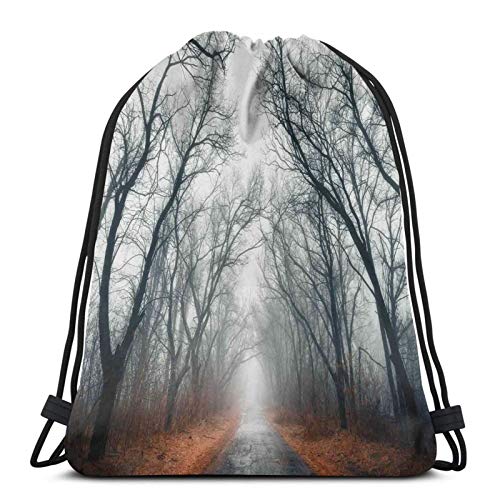 Fuliya Gym Drawstring Bags Backpack,Road Towards The Cloudy Autumn Sky Trees Golden Yellow Leaves On The Ground Artwork,Unisex Drawstring Backpack