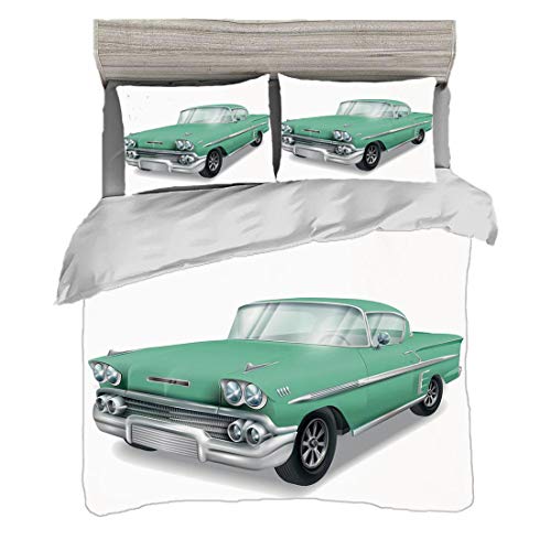 Funda nórdica Tamaño King (200 x 200 cm) con 2 fundas de almohada Coches Juegos de cama de microfibra Veterano Clásico Coche verde Vehículo histórico antiguo en estilo de dibujos animados Decorativo,V