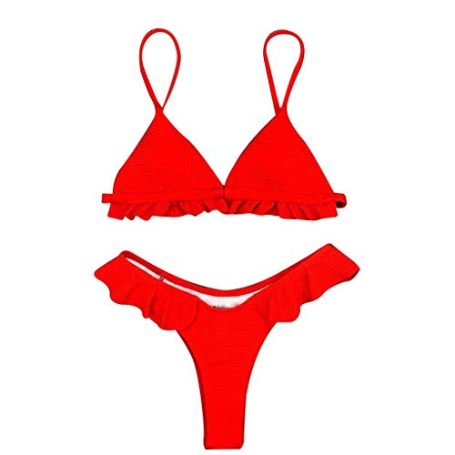 Geilisungren Traje de baño Dividido Conjunto de Dos Piezas Mujer Push-up Acolchado Cintura Alta Bra Bikini Set Bandage Traje de Baño de Playa Ruffle Color sólido Escote en V Honda Tanga Bañador