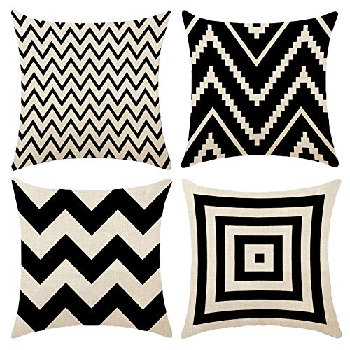 Geometría - Juego de 4 cojines decorativos de algodón y lino con cremallera invisible para cojines de sofá, 45 x 45 cm (blanco y negro)