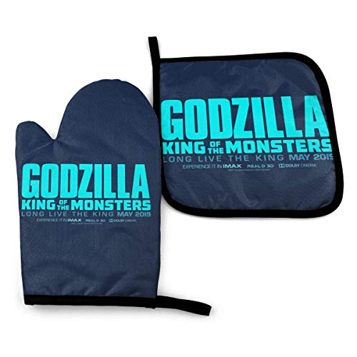 Godzilla King of The Monsters - Juego de manoplas y porta ollas resistentes al calor de color azul claro, guantes de cocina antideslizantes, duraderos, resistentes, resistentes al calor, excelentes pa