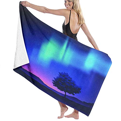 Grande Suave Ligero Toalla de Baño Manta,La Aurora Boreal con un árbol en la región ártica Mágico Cielo Raro Ver impresión,Hoja de Baño Toalla de Playa por la Familia Viaje Nadando Deportes,52" x 32"