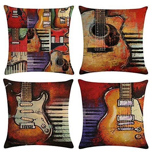 Gspirit 4 Pack Guitarra Bajo Algodón Lino Throw Pillow Case Funda de Almohada para Cojín 45x45 cm