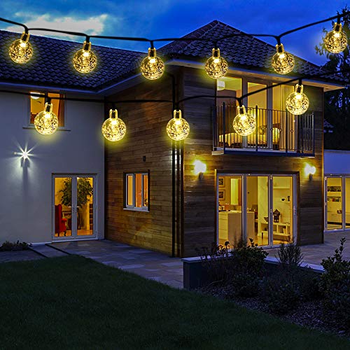 Guirnalda Luces Exterior, 7M 50 LED Solar Cadena de Luces Bola Cristal, 8 Modos IP65 Impermeable, Decoración para Interior/Exterior, Navidad, Fiestas, Bodas, Patio, Jardín, Festivales (Blanco Cálido)