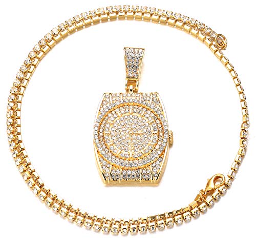 Halukakah Cadena de Oro para Hombre,Chapado en Oro Real de 18k Collar con Colgante de Reloj 3D Cz Completo Diamantes de Laboratorio Juego de Puntas con Cadena de Tenis Bebé 50cm Caja