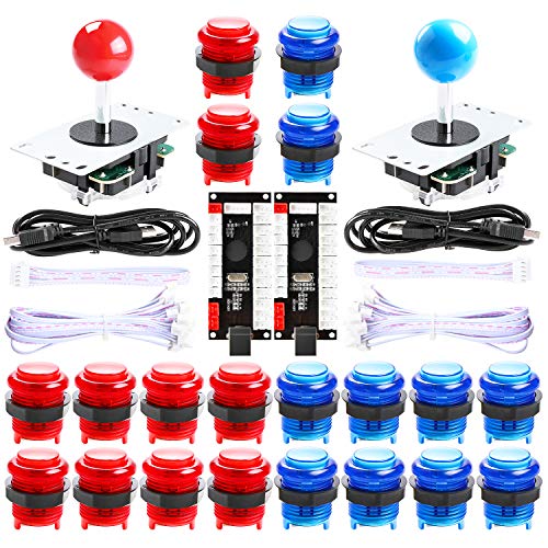 Hikig Kit de 2 botones de Arcade y joysticks para bricolaje, 2 joysticks + 20 botones LED Arcade para MAME y Raspberry Pi, color rojo + azul