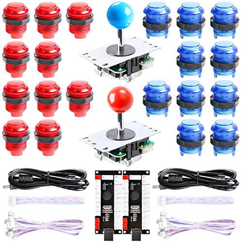Hikig Kit de bricolage pour contrôleur de jeu d'arcade à 2 joueurs 2x encodeur USB sans délai + 2x joystick d'arcade + 20x boutons d'arcade LED - Kit rouge / bleu