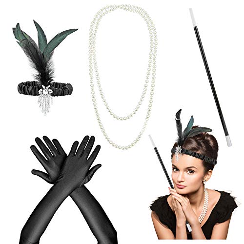 HOWAF Flapper complementos Disfraz años 20 Mujer Accesorios Set Gran Gatsby Diadema, Collar, Guantes, Canastilla de Cigarro
